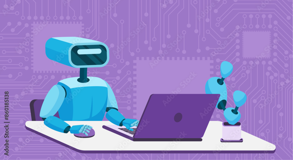 Poster Automated office work, automation of business tasks, smart assistance from GPT chat, machine learning process. Robot sitting at laptop and working with computer mouse cartoon vector illustration