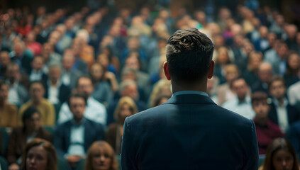 A large group of people sitting in an auditorium or conference room, listening to someone giving a presentation on stage with an over the shoulder perspective. 