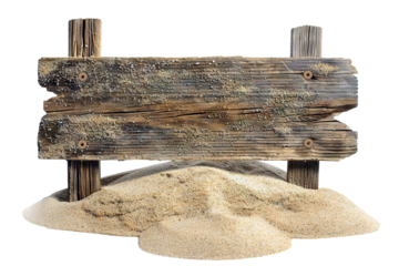 Weathered wooden signpost in sand, cut out