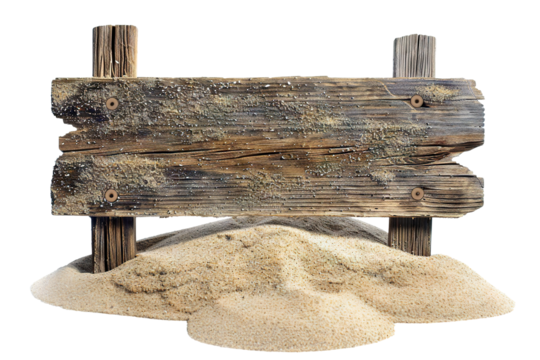 Weathered wooden signpost in sand, cut out