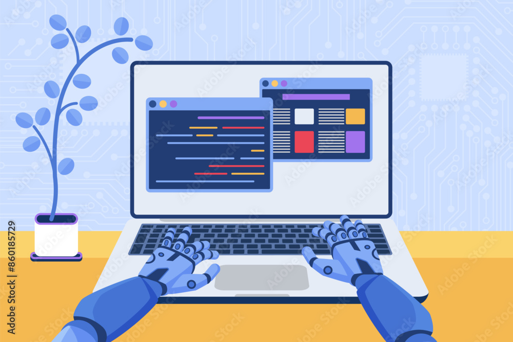 Leinwandbilder Software code automation development using AI, machine learning, tech service and chat. Robot coding and sitting at laptop, hands of bot working with program windows cartoon vector illustration