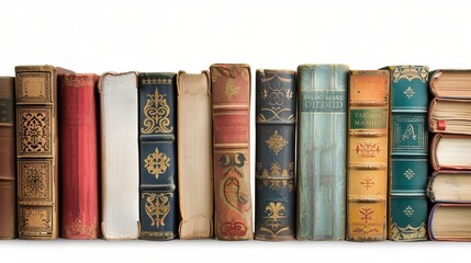 Vintage book collection on white background. Classic literature books lined up on shelf. Ideal for academics or library-themed decoration. Antique style image suitable for educational purposes. AI