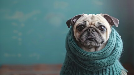 Cute Pug wrapped in blue scarf. Isolated against vibrant blue background. Dog. Canine. Pet.