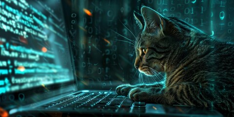 A cat is sitting in front of a computer screen, looking at the code. The cat is wearing a pair of glasses. The background is dark.