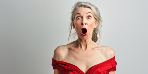 Naklejka premium A woman wearing a red dress with an expression of surprise on her face.