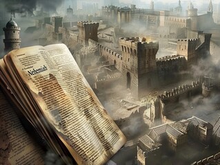Nehemiah Studying the Scriptures in Open Bible BookBold Design.