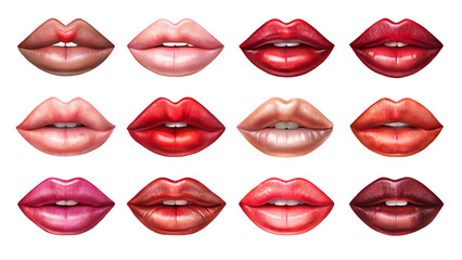 Set Of Lips Isolated On Transparent Background, Different Color Lips , Collection Of Lips 
