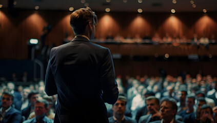 A large group of people sitting in an auditorium or conference room, listening to someone giving a presentation on stage with an over the shoulder perspective. 
