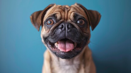 Obraz premium Funny Pug close-up. In a vibrant blue background photo studio. Canine. Dog. Pet.