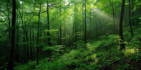 Obraz premium The photo shows a green deciduous forest with a lot of undergrowth