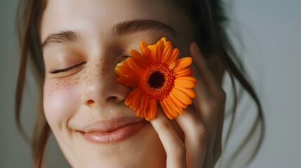 Portrait of a happy young woman holding orange Gerbera daisy covering her eye with eyes closed : Generative AI