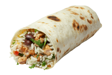 A burrito filled with rice, beans, and grilled chicken | Isolated on Transparent & White Background | PNG File with Transparency
