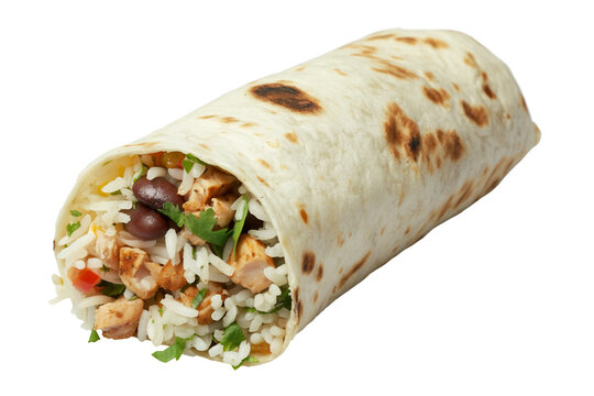 A burrito filled with rice, beans, and grilled chicken | Isolated on Transparent & White Background | PNG File with Transparency