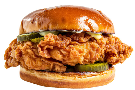 A chicken sandwich with mayo and pickles | Isolated on Transparent & White Background | PNG File with Transparency