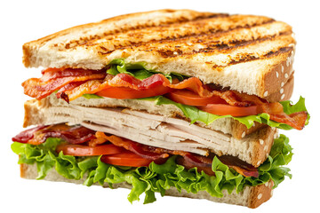 A club sandwich with turkey, bacon, lettuce, and tomato | Isolated on Transparent & White Background | PNG File with Transparency
