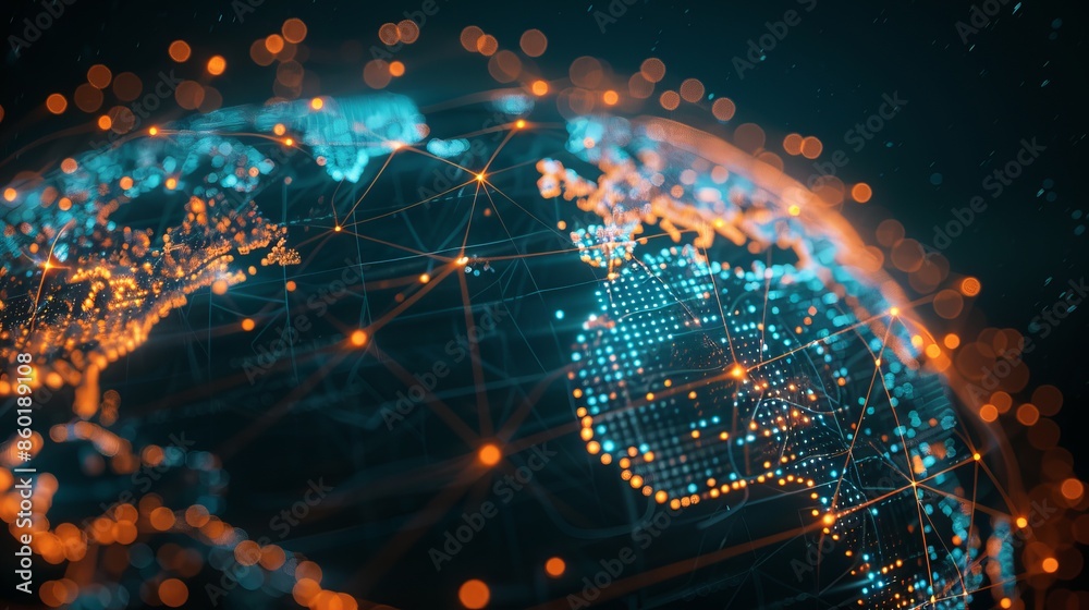 Poster digital representation of global connectivity. bright lights and a network pattern depict interconne