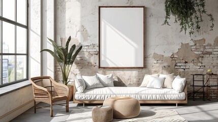 Poster frame mockup in minimalist modern living room interior background, Scandinavian style