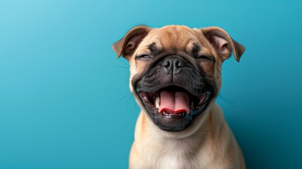 Fototapeta premium Pug close-up. In a vibrant blue background photo studio. Canine. Dog. Pet.
