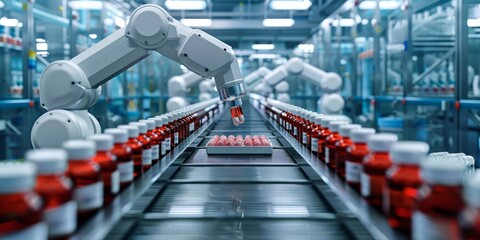 Obraz premium Automated Pharmaceutical Manufacturing with Robotic Precision in Modern Facility