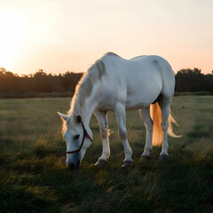 A white horse grazing in the summer sunrise