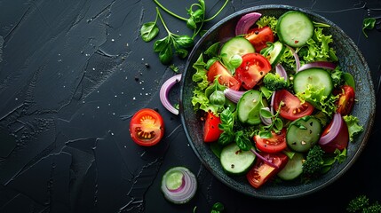 Fresh vegetable salad with tomatoes, cucumbers, and greens in a bowl on a dark background. Healthy food concept. Perfect for recipe websites and food blogs or magazines. AI
