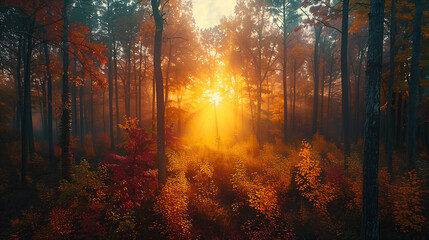 Obraz premium Autumn forest landscape, orange golden foliage, fall wallpaper