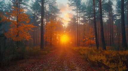 Obraz premium Autumn forest landscape, orange golden foliage, fall wallpaper