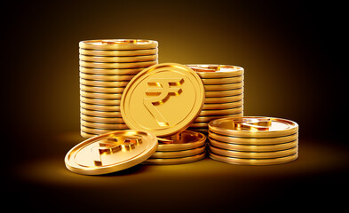 Stack Of Golden Shiny Indian Rupee Rounded Coins On Shiny Golden Glow Background 3d Illustration