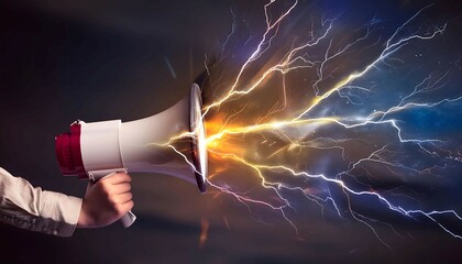 Man Holding Megaphone With Lightning in Background