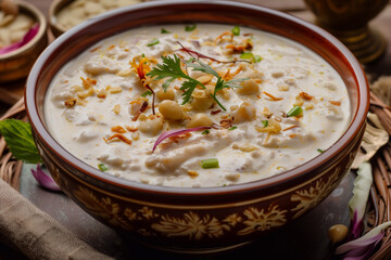 Famous Indian dessert sheer kurma or semiya payasam topped with dry fruits and nuts.