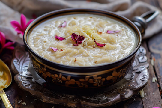 Famous Indian dessert sheer kurma or semiya payasam topped with dry fruits and nuts.