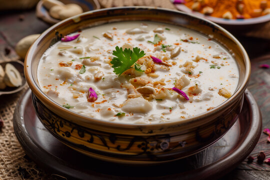 Famous Indian dessert sheer kurma or semiya payasam topped with dry fruits and nuts.