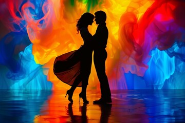 Side view silhouette of young couple dancing against a vibrant, dramatic background