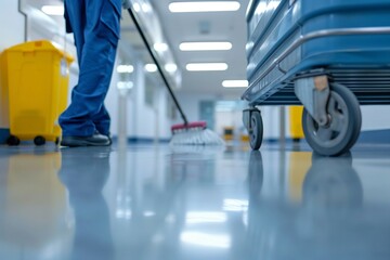 Janitor mopping office floor with cleaning trolley close-up