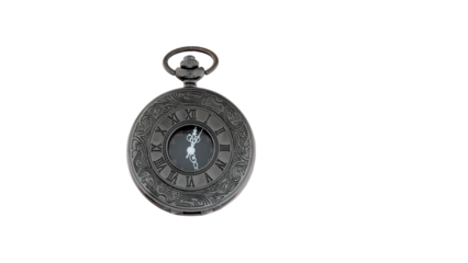 A black and gold pocket watch with Roman numerals on the face