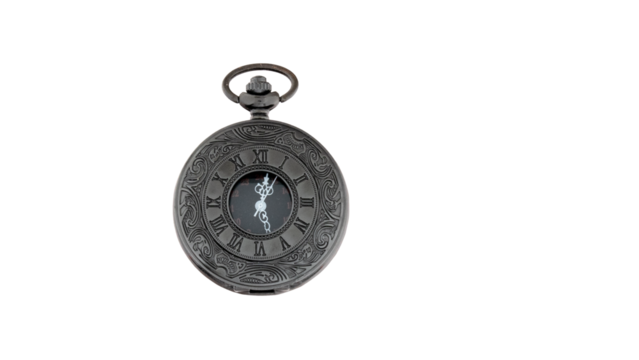 A black and gold pocket watch with Roman numerals on the face