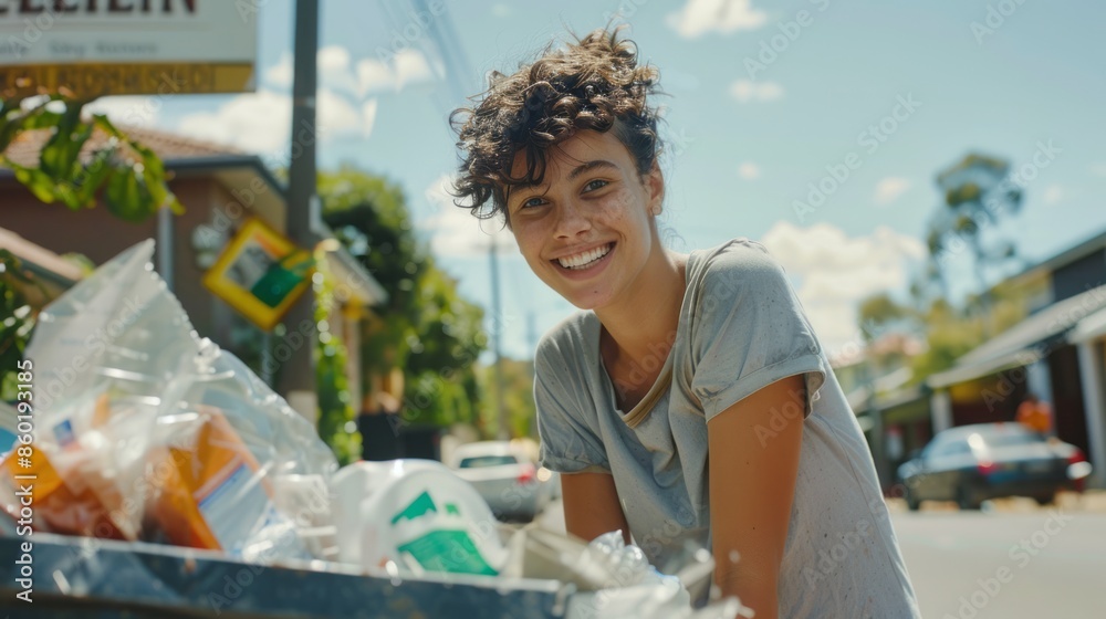 Wall mural A woman is smiling and standing next to a trash can