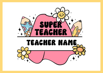 Groovy Retro School Teacher Appreciation Frame Monogram Name Cartoon Doodle Drawing