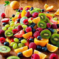 Delicious Fruit salad spilling on the backgtround, vibrant colors and textures of mix fruits.