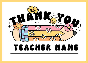 Groovy Retro Pencil School Teacher Appreciation Frame Monogram Name Cartoon Doodle Drawing