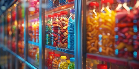Colorful Bottles of Candy in a Brightly Lit Display Case at a Candy Store