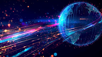 Obraz premium Futuristic digital world concept with a glowing globe and vibrant data streams. Ideal for technology, innovation, and global connectivity themes. 