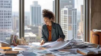An interior designer is absorbed in evaluating various fabric samples spread across her studio table, with a backdrop of the cityscape outside. AIG41