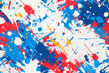 Naklejka premium A chaotic seamless pattern with splashes of red, blue, and yellow on a white background.