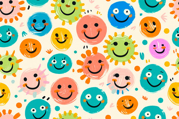 Colorful circles with smiley faces in various colors including blue, green, orange, and pink, creating a cheerful and playful seamless pattern.