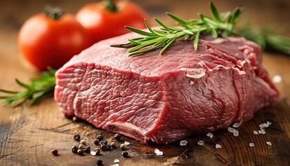 Fresh raw beef steak with rosemary, tomatoes, peppercorns, and sea salt on a wooden cutting board, ready for cooking.