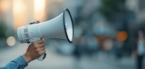 Person holding a megaphone in an urban setting, ready to amplify their voice in a public announcement or protest.