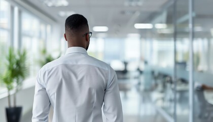 Fototapeta premium Rear view of a business professional walking through a modern office with glass walls, plants, and natural light.
