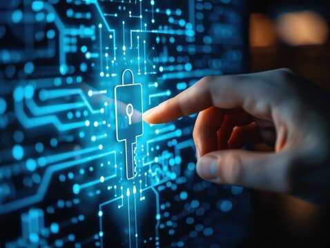 Hand touching digital padlock icon representing data security, technology, and cybersecurity concepts in a futuristic setting.