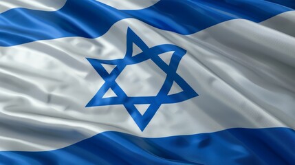 A close-up of the Israeli flag with a blue Star of David on a white background with two blue stripes on the top and bottom.